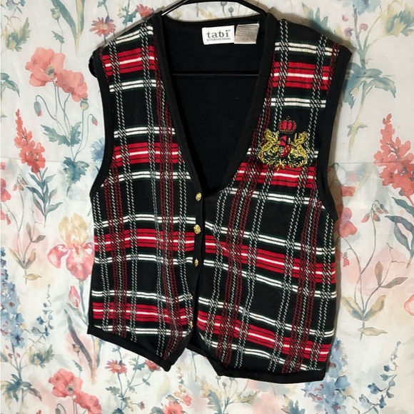 Vintage Red and Black Plaid Vest with Embroidery - Picture 2 of 11
